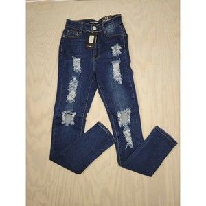 Fashion Nova Women's SZ 7/8 Distressed Blue Jeans Dark Wash Denim High Rise